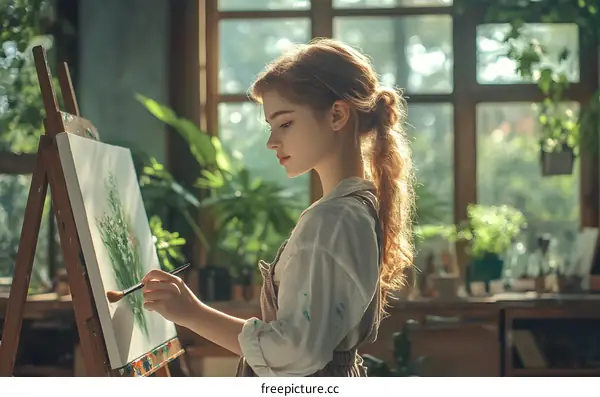 Young Woman Artist Painting Flowers in Art Studio Near Window