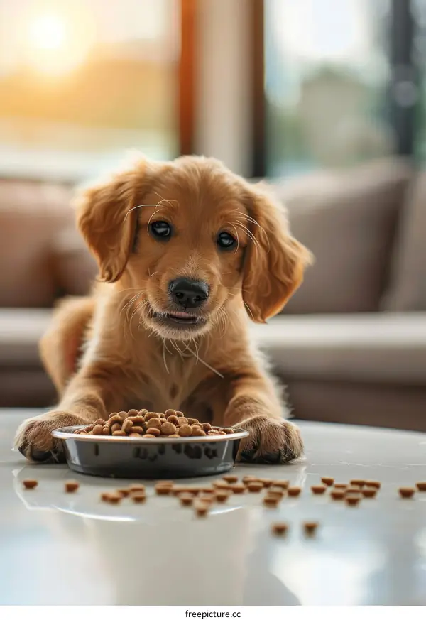 A cute golden retriever puppy begging for food