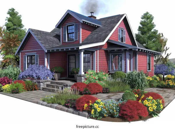 Red House Exterior Design with Landscaping