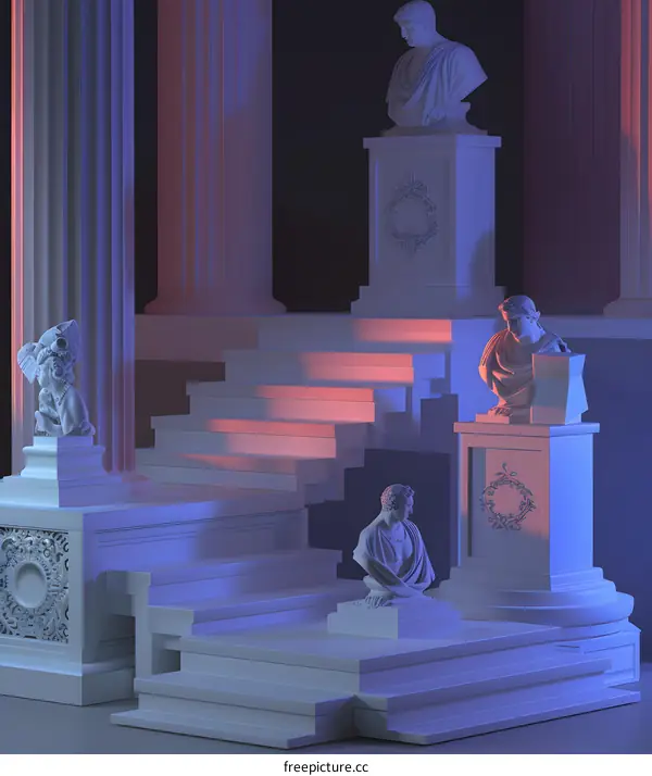 3D Rendered White Marble Statues on a Staircase with a Dark Background