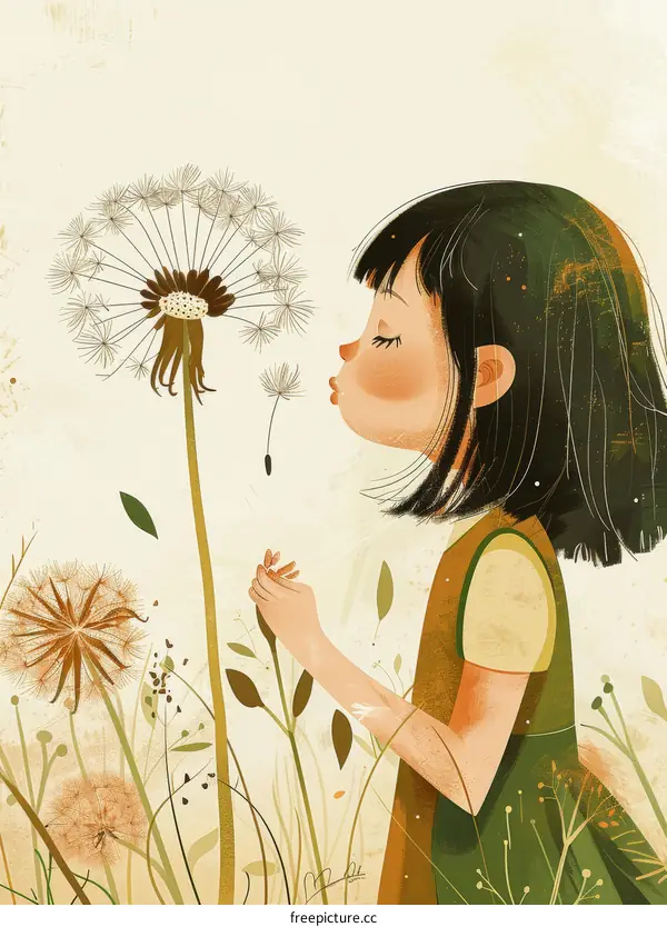 Young Girl Blowing Dandelion Seeds in a Field