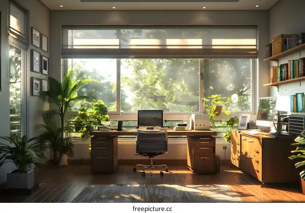 A home office with a large window looking out onto a forest