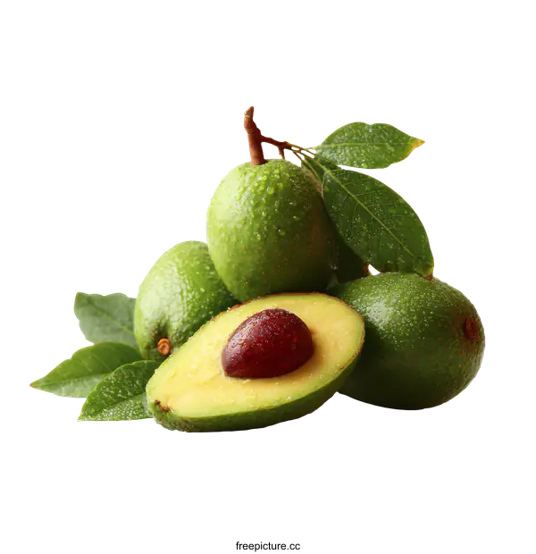 [Transparent Background PNG]Fresh and Healthy Avocado Pile with Leaves