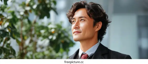 Asian Businessman Looking Upward Outdoors