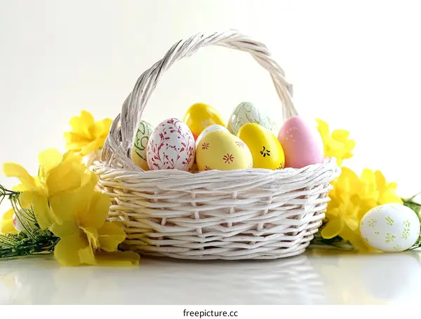 Colorful Easter Eggs in a White Wicker Basket