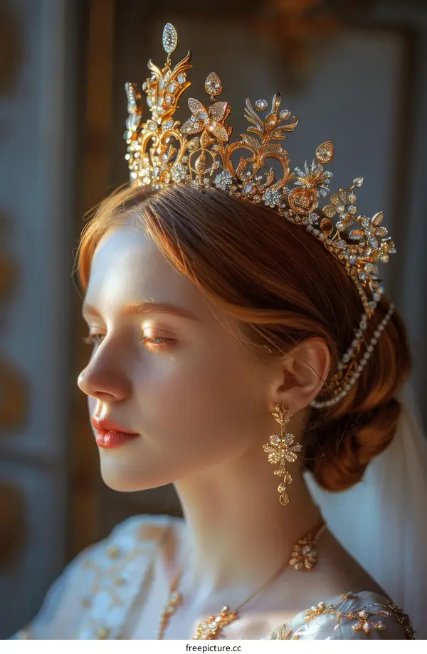 portrait of a young woman wearing a golden crown and white dress