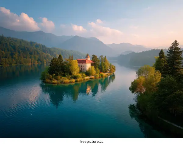 Serene Lakeside Island Monastery with Majestic Mountains
