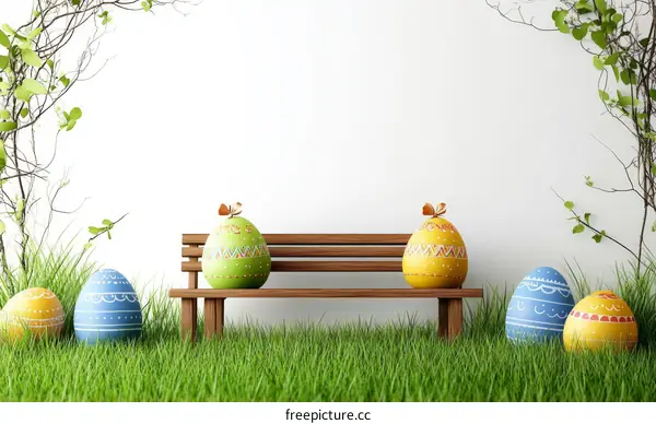 Easter Eggs on a Park Bench Illustration