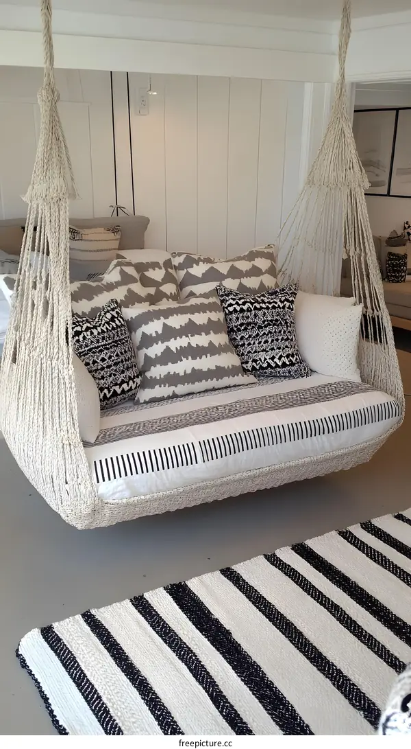 White and Black Striped Rug Under Hanging Rope Sofa Bed with Cushions