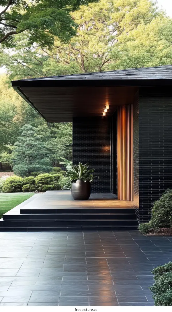 Modern Japanese House Entrance with Black Stone Patio