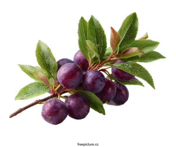 [Transparent Background PNG]Fresh Plums with Leaves Closeup