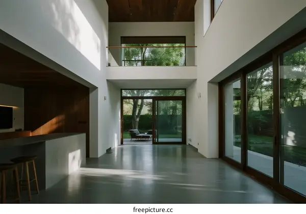 Modern two-story house with large windows and open space