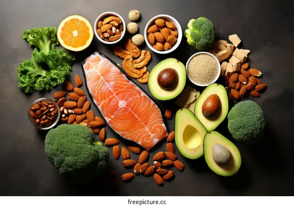 A variety of healthy foods, including salmon, avocado, broccoli, and almonds