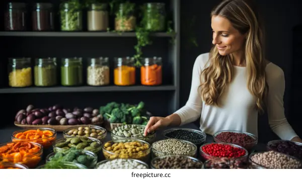 Young woman looking at a variety of dried goods in bulk bins at a grocery store
