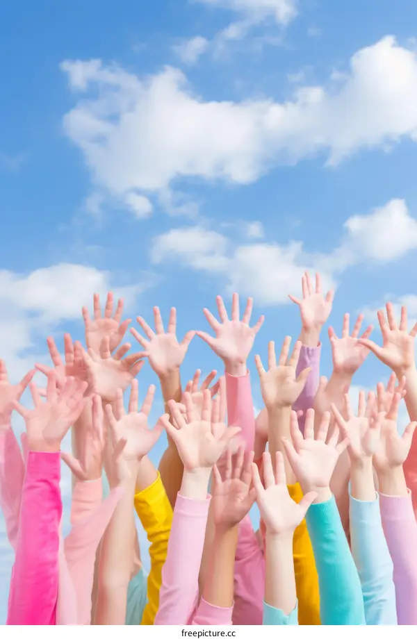 Children's hands reaching for the sky