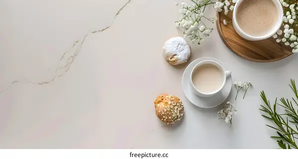 Coffee and Pastry Flat Lay on Marble Table