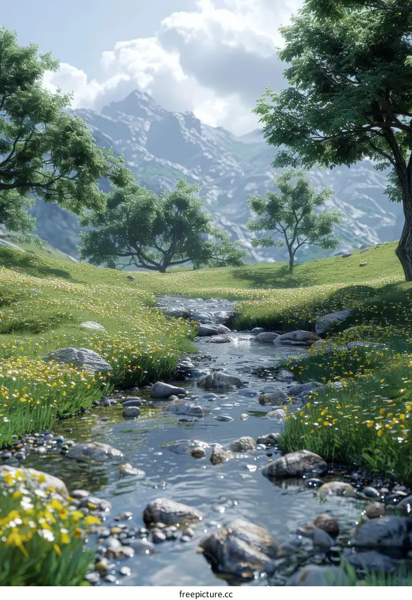 Serene River Flowing through a Verdant Valley Backdropped by Majestic Peaks