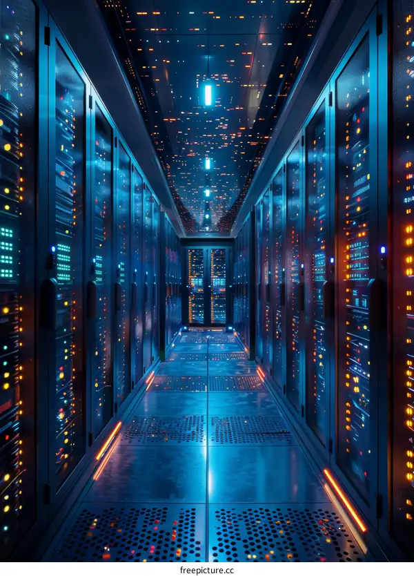 Data Center Server Room Interior Design With Blue Light And Shining Lights