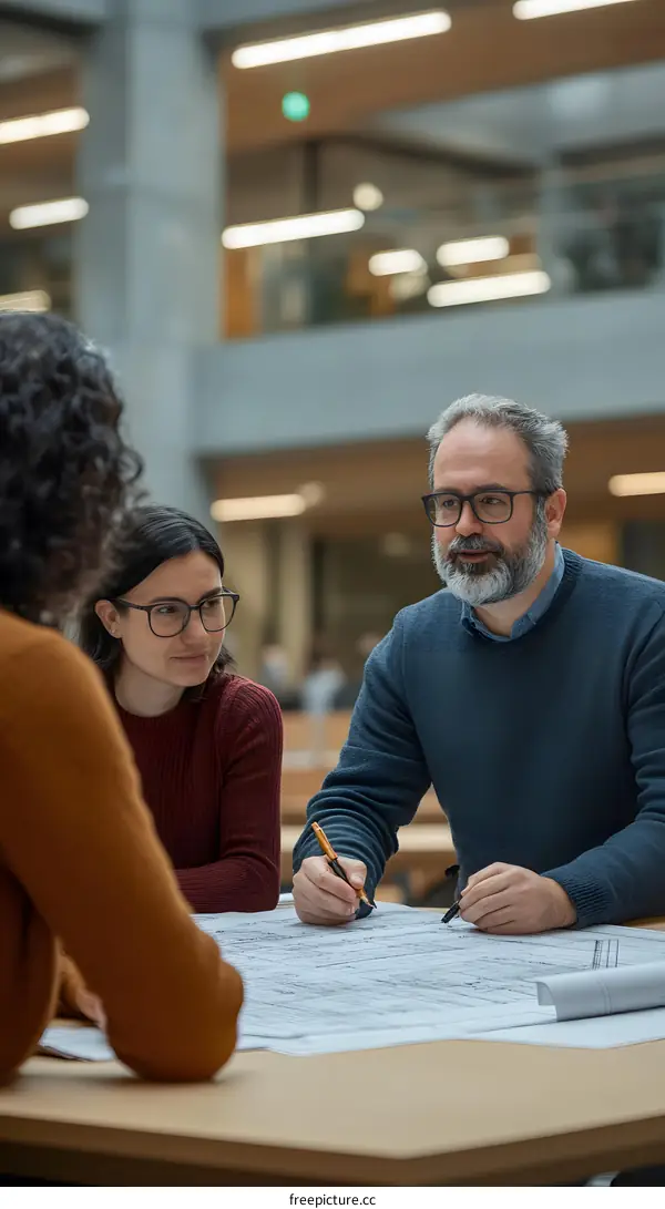 Three People Discussing Blueprint in Modern Office Building