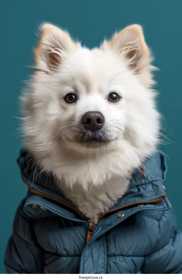 A white dog wearing a blue jacket