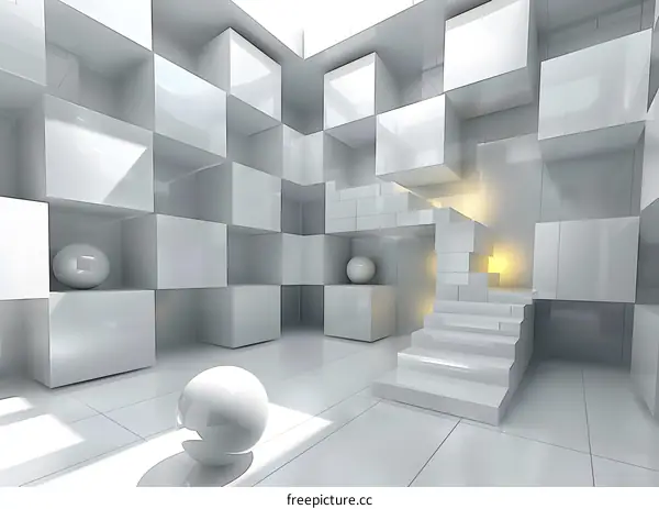 Abstract White Room with Geometric Shapes