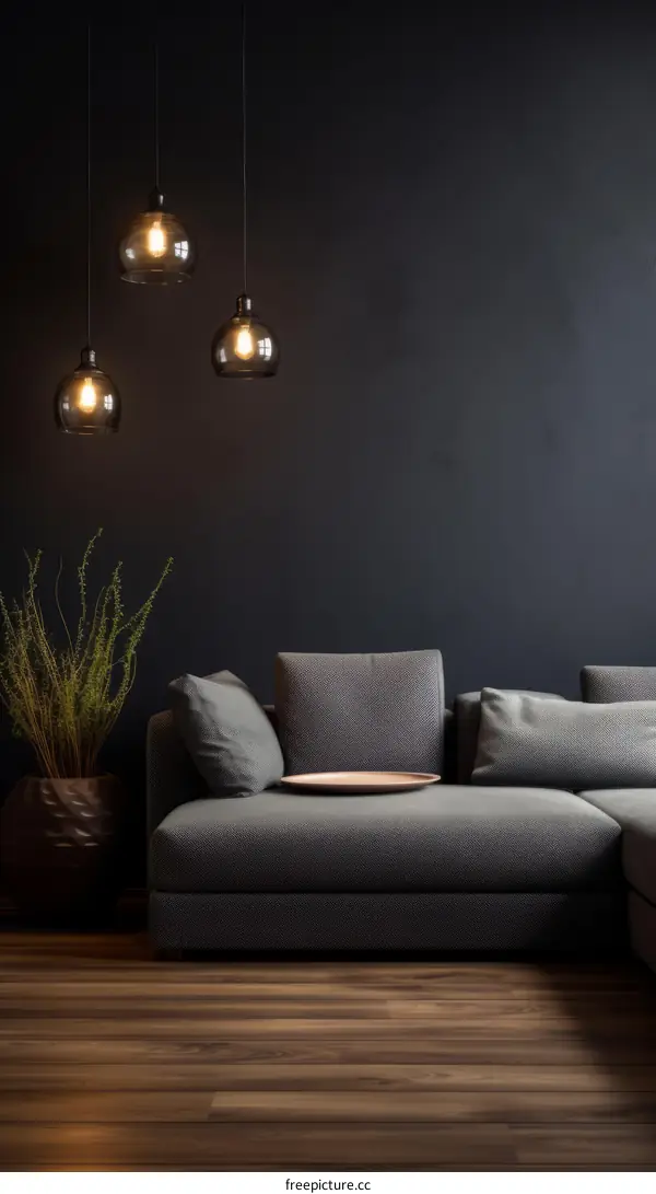 A dark living room with a gray sofa and a plant