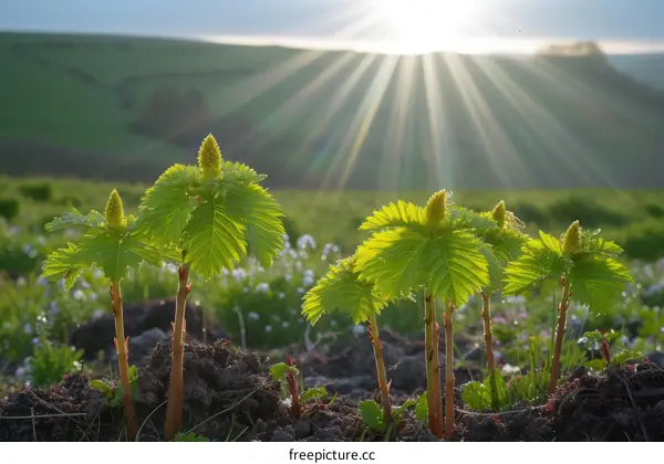 Close-up of green saplings growing in a lush field with the sun rising in the background