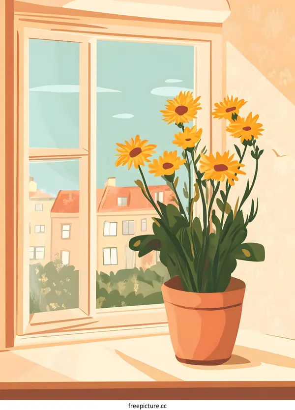 Window View with Potted Yellow Flowers