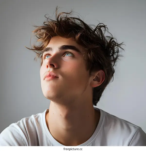 portrait of a young man with blue eyes and brown hair looking up