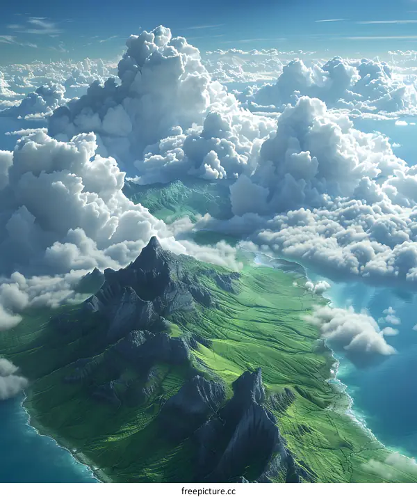 Green mountains and blue sea under white clouds