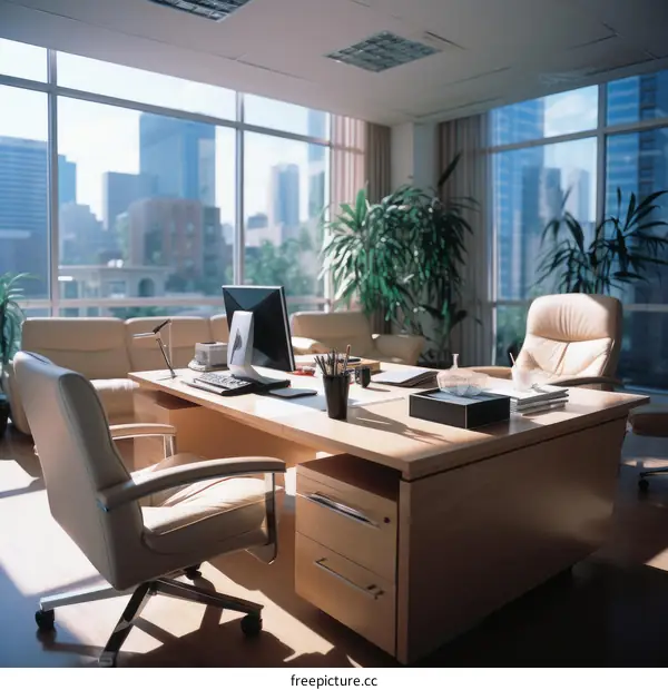 Modern Office Workspace with City Skyline View
