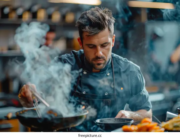 Focused male chef cooking in a commercial kitchen