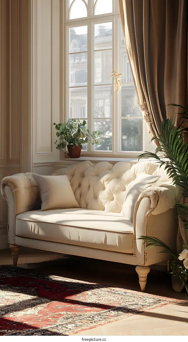 Elegant White Sofa in a Sunlit Room with Window and Curtains