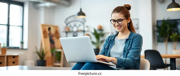 Smiling Woman Working on Laptop in Office