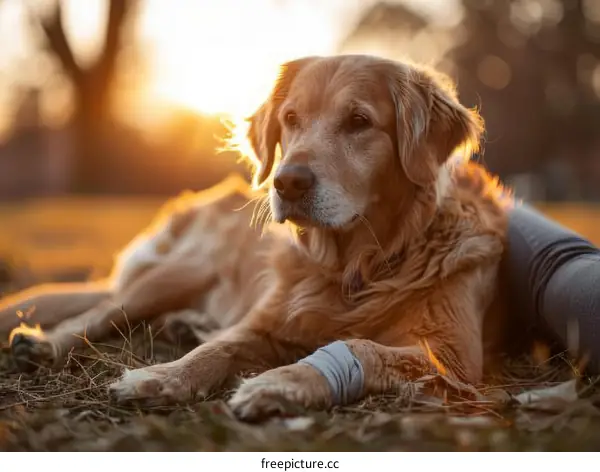 Golden Retriever Dog Lying in Grass with Injured Bandaged Leg