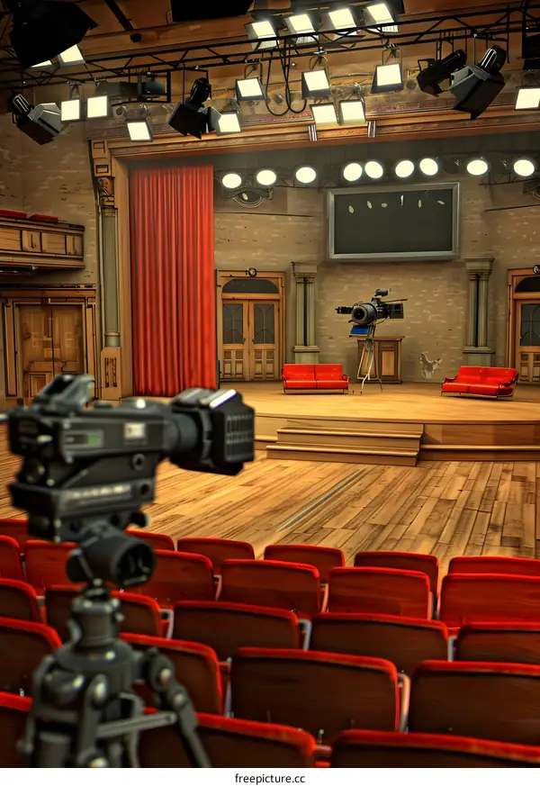 Stage Set Up with Camera and Lights in an Auditorium