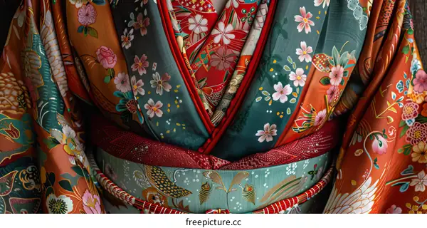 A kimono with a floral pattern and a red obi