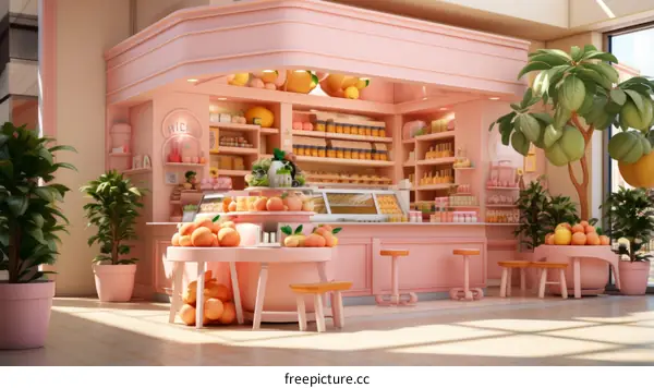 A pink grocery store interior with pink walls and pink furniture and pink produce
