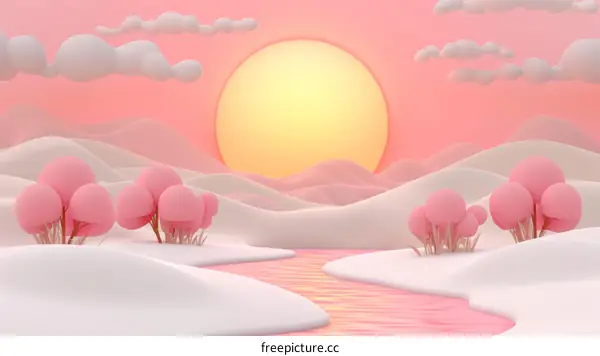 Pastel Pink and White Minimalist Landscape Illustration