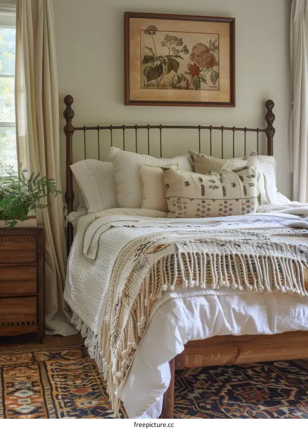 Cozy bedroom with white bedding and a colorful rug