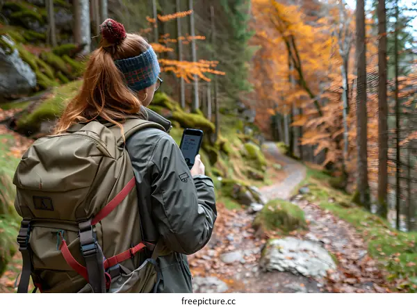 Woman Hiking in Autumn Forest with Backpack Using Phone