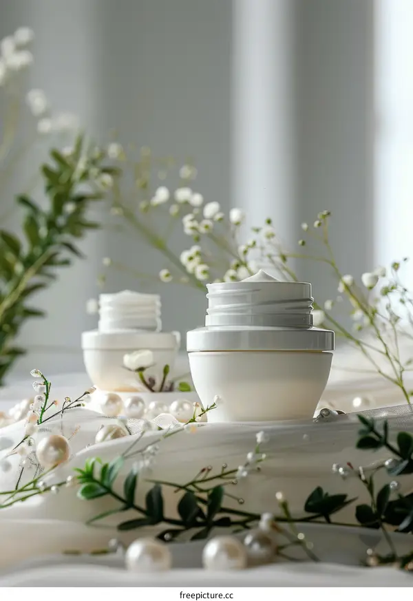 White Cream Jars with Floral Decor