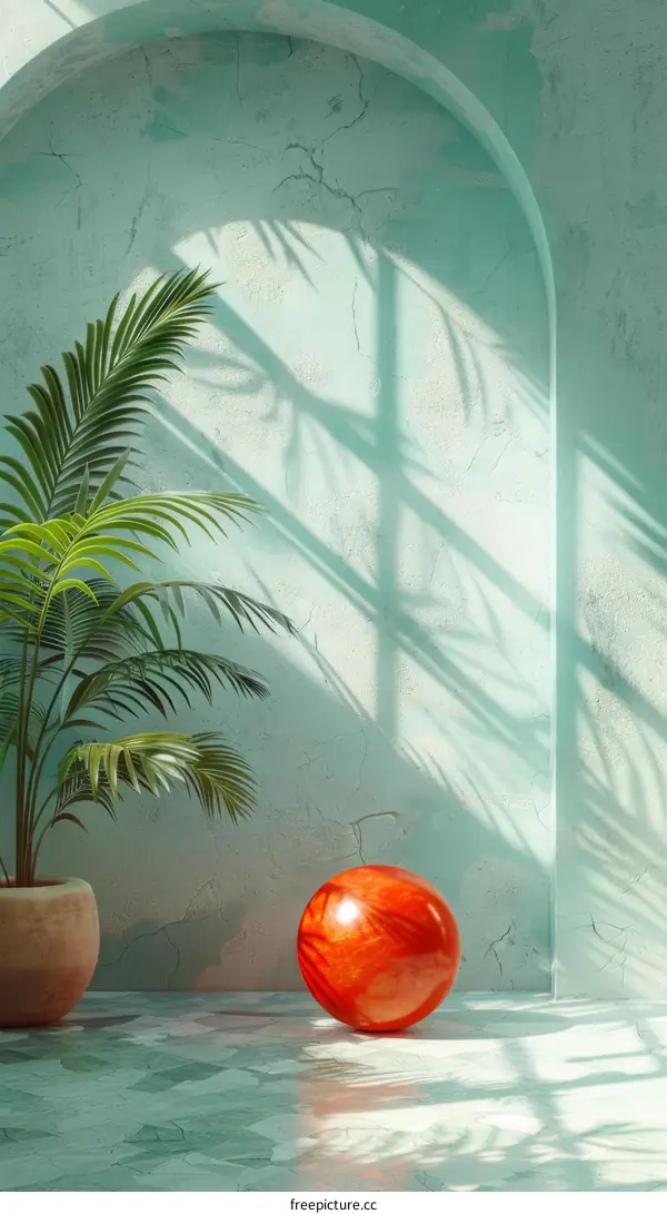 Palm leaves and a red ball in a blue room