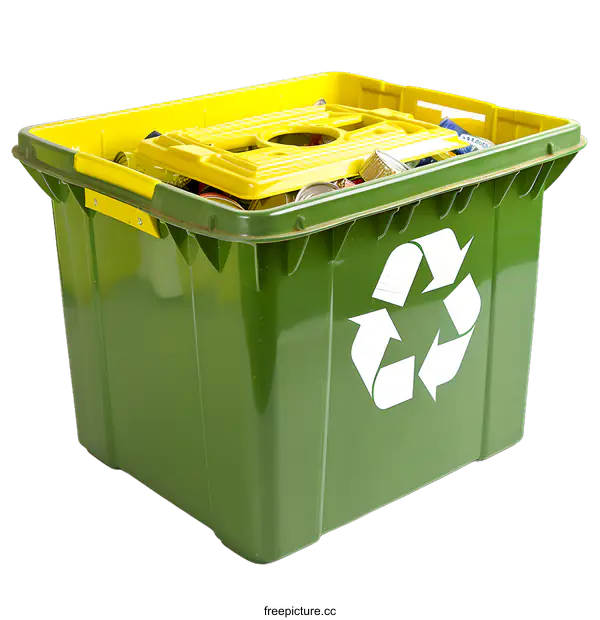 [Transparent Background PNG]Green Recycling Bin with Recycle Symbol and Cans Inside