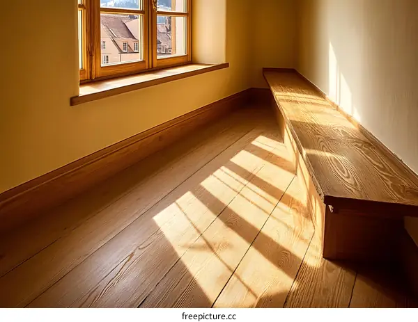 Sunlight Streaming Through Window Onto Wooden Floor and Bench