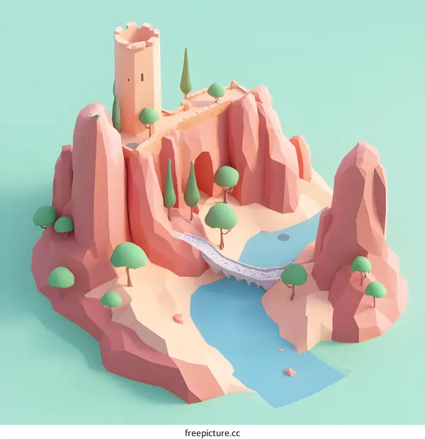 Low Poly 3D Illustration of a Fantasy Island with a Castle and a Bridge