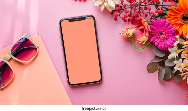 Pink Background Flat Lay with Phone Sunglasses and Flowers