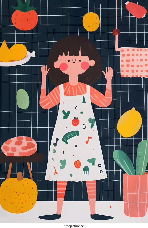 Girl in Apron with Food Illustration