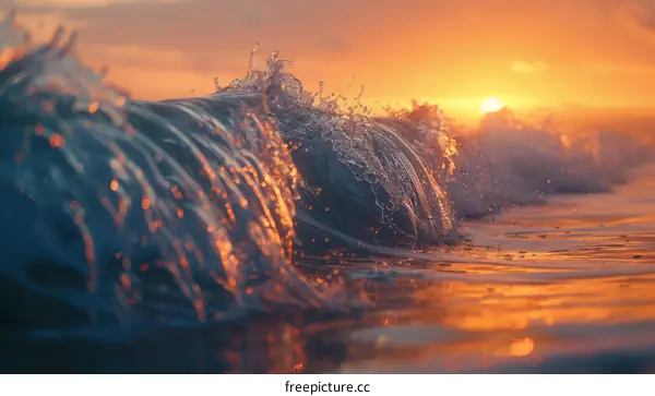 The setting sun casts a golden glow on the ocean waves