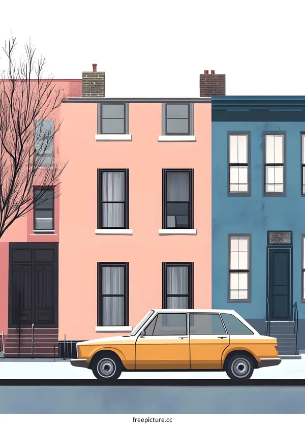 Vintage Car Parked In Front Of Colorful Townhouses